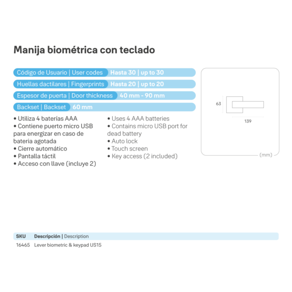 Manija Biométrica con Teclado