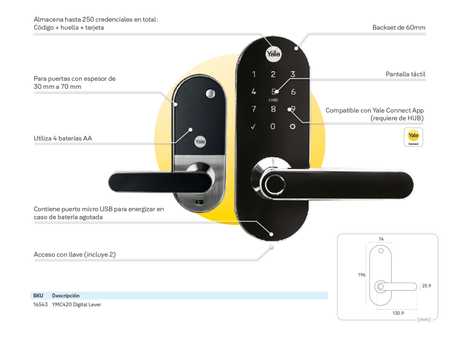 Cerradura de embutir Digital YMC420 + kit apertura con celular