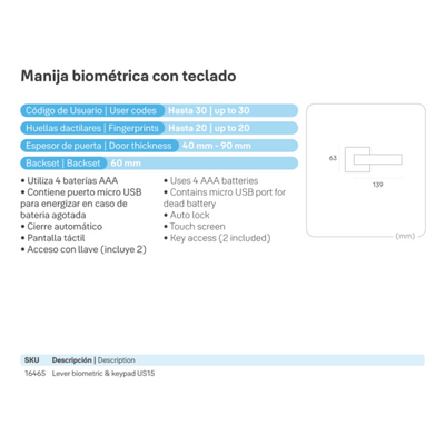 Manija Biométrica con Teclado